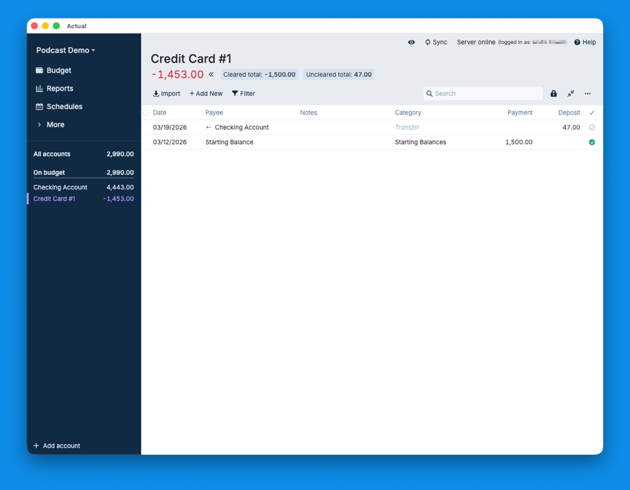 Actual Budget Credit Starting Balance