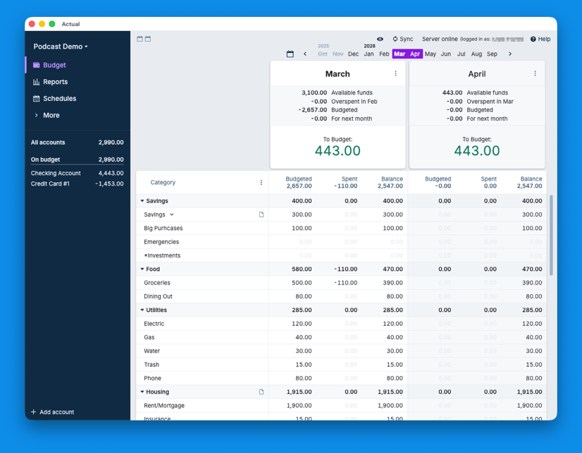 Actual Budget budget screen